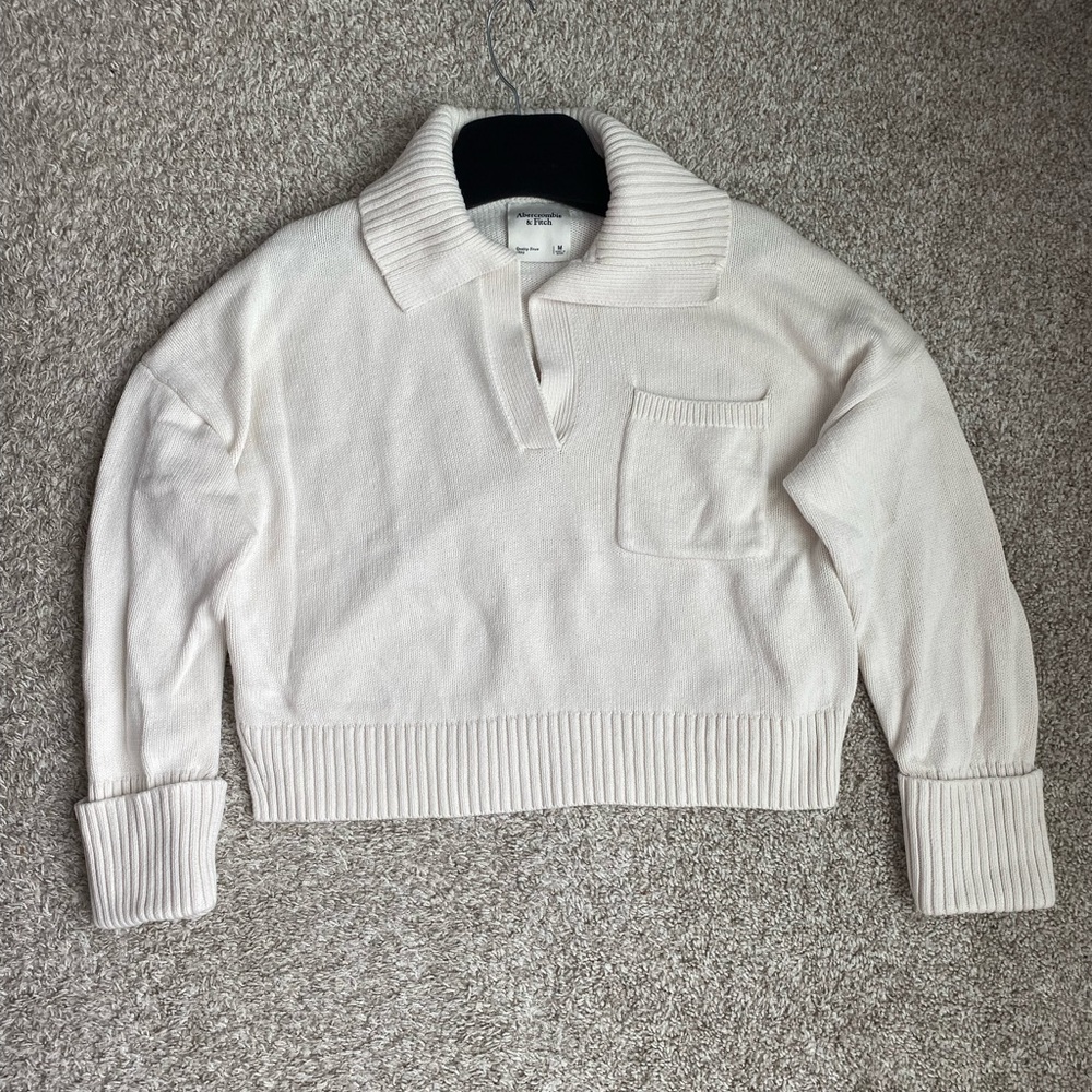 Abercrombie &Fitch Cream Long-Sleeve Collared Sweater